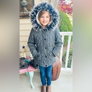 Me Jane Charcoal Kids Puffer Jacket with Faux Fur Trim